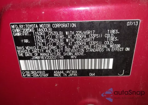 2013 Toyota Rav4 Le from USA, damaged, VIN JTMBFREV2DD031748